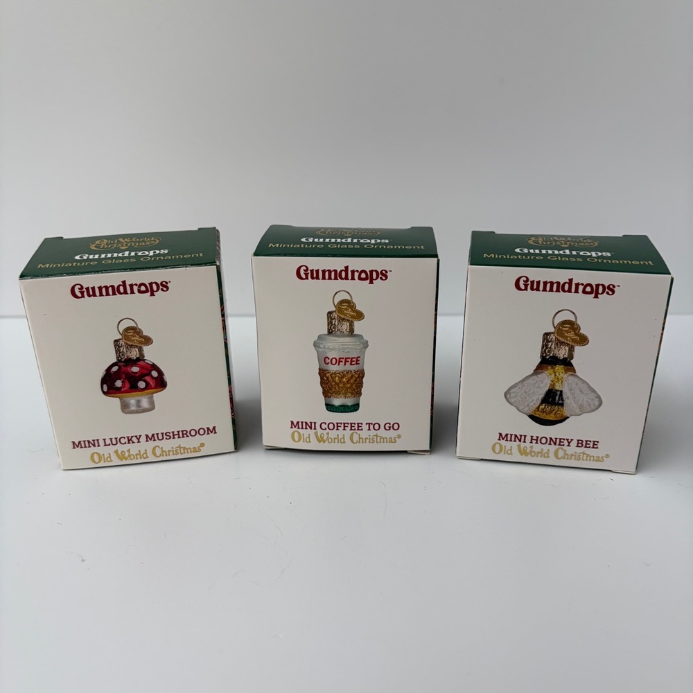 Old World Christmas Gumdrops Set of 3 Mini Ornaments Coffee + Bee +‎ Mushroom
